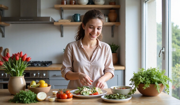 Donna sorridente che prepara un'insalata fresca con ingredienti mediterranei, come pomodori, cetrioli, olive e feta, in una cucina luminosa.