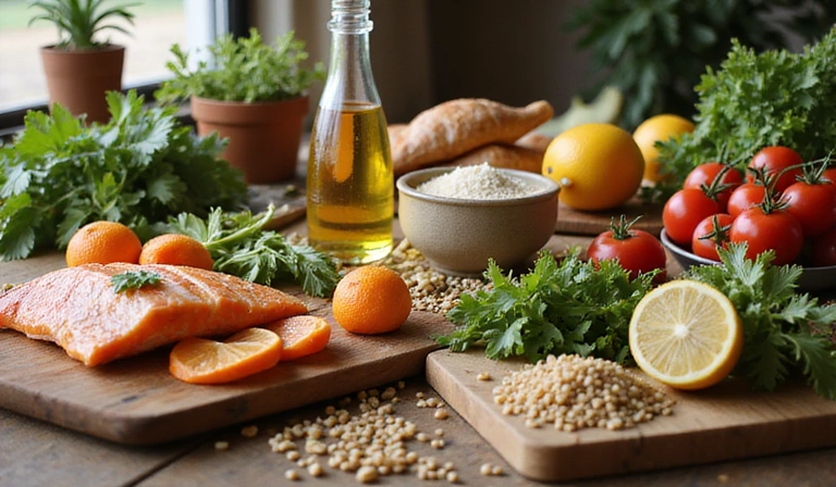 Tavola imbandita con cibi mediterranei freschi e colorati, come verdure, frutta, olio d'oliva, pesce e cereali integrali, sotto una luce naturale calda.