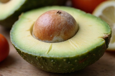 Un primo piano di avocado maturo tagliato a metà con il nocciolo, su uno sfondo sfocato di altri ingredienti freschi.
