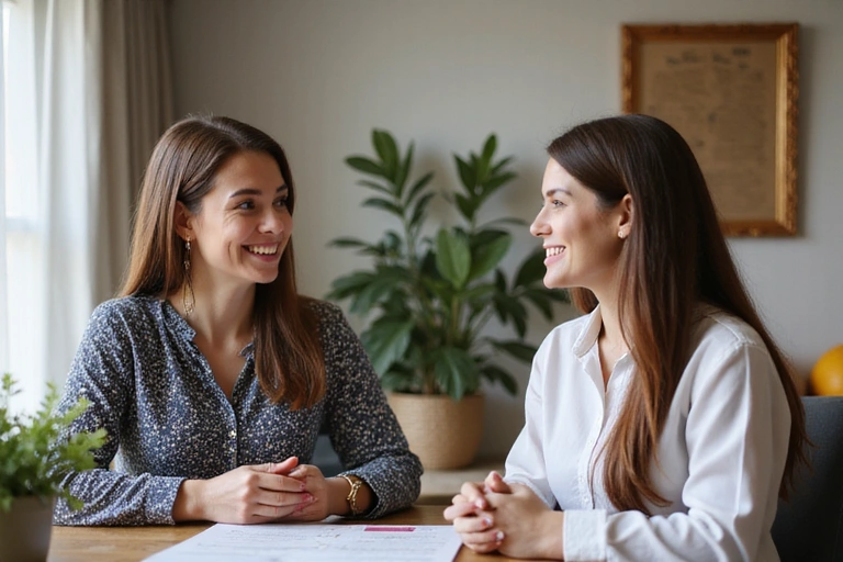 Donna che parla con un nutrizionista in un ambiente accogliente, illustrando la prima consulenza nutrizionale.