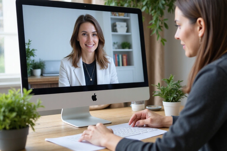 Nutrizionista che conduce una consulenza online con un paziente, mostrando l'interazione virtuale.