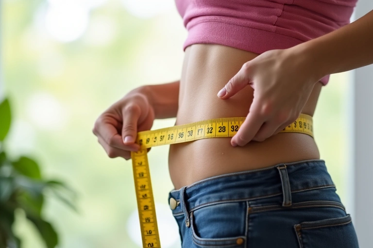 Persona che misura il proprio girovita con un metro da sarta, simboleggiando il monitoraggio dei progressi nella nutrizione.