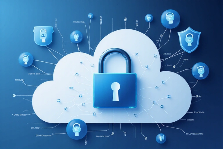 Un'immagine stilizzata che rappresenta l'archiviazione sicura dei dati in un cloud, con lucchetti e scudi