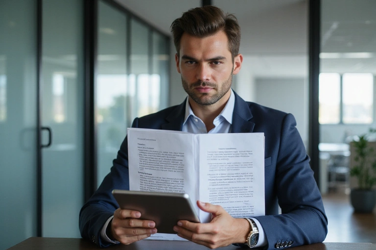 Una persona che legge un documento legale su un tablet, simbolo di trasparenza e accordo