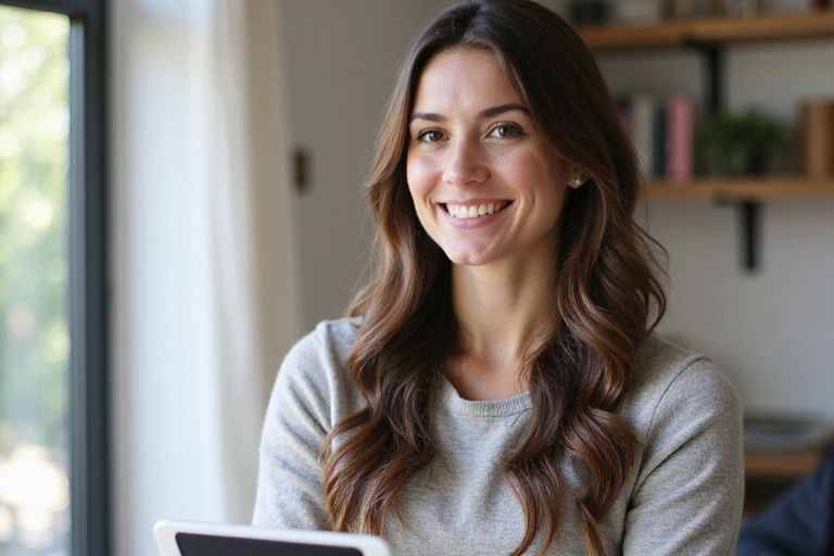 Una donna sorridente che prenota online una consulenza nutrizionale tramite un tablet.