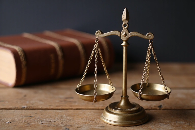 Bilancia della giustizia con un libro di legge sullo sfondo, simboleggiando la legalità